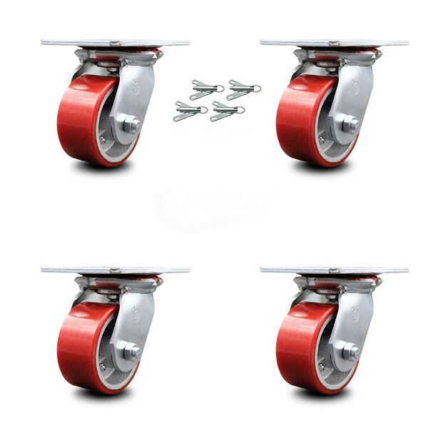 4 Inch Red Poly on Cast Iron Caster Set with Ball Bearings and Swivel Locks